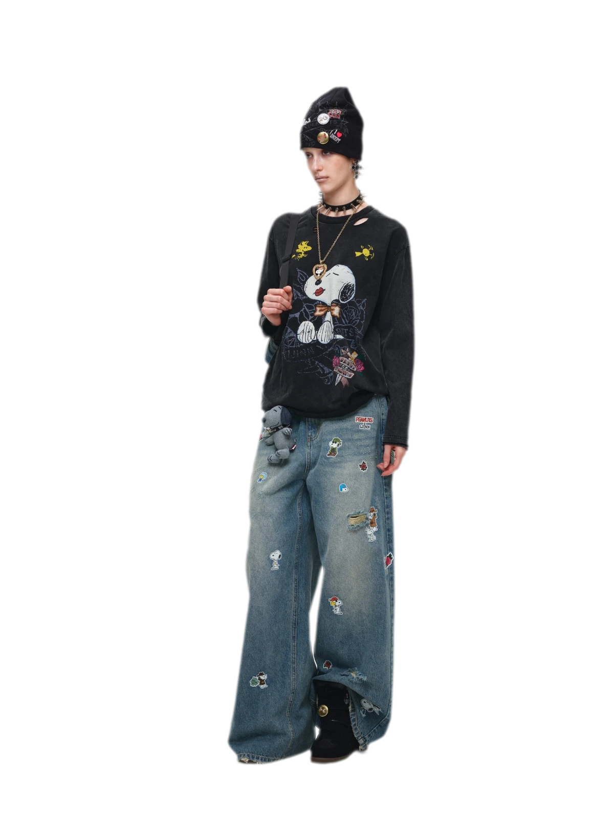 Washed Distressed Wide-Leg Jeans
