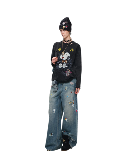 Washed Distressed Wide-Leg Jeans