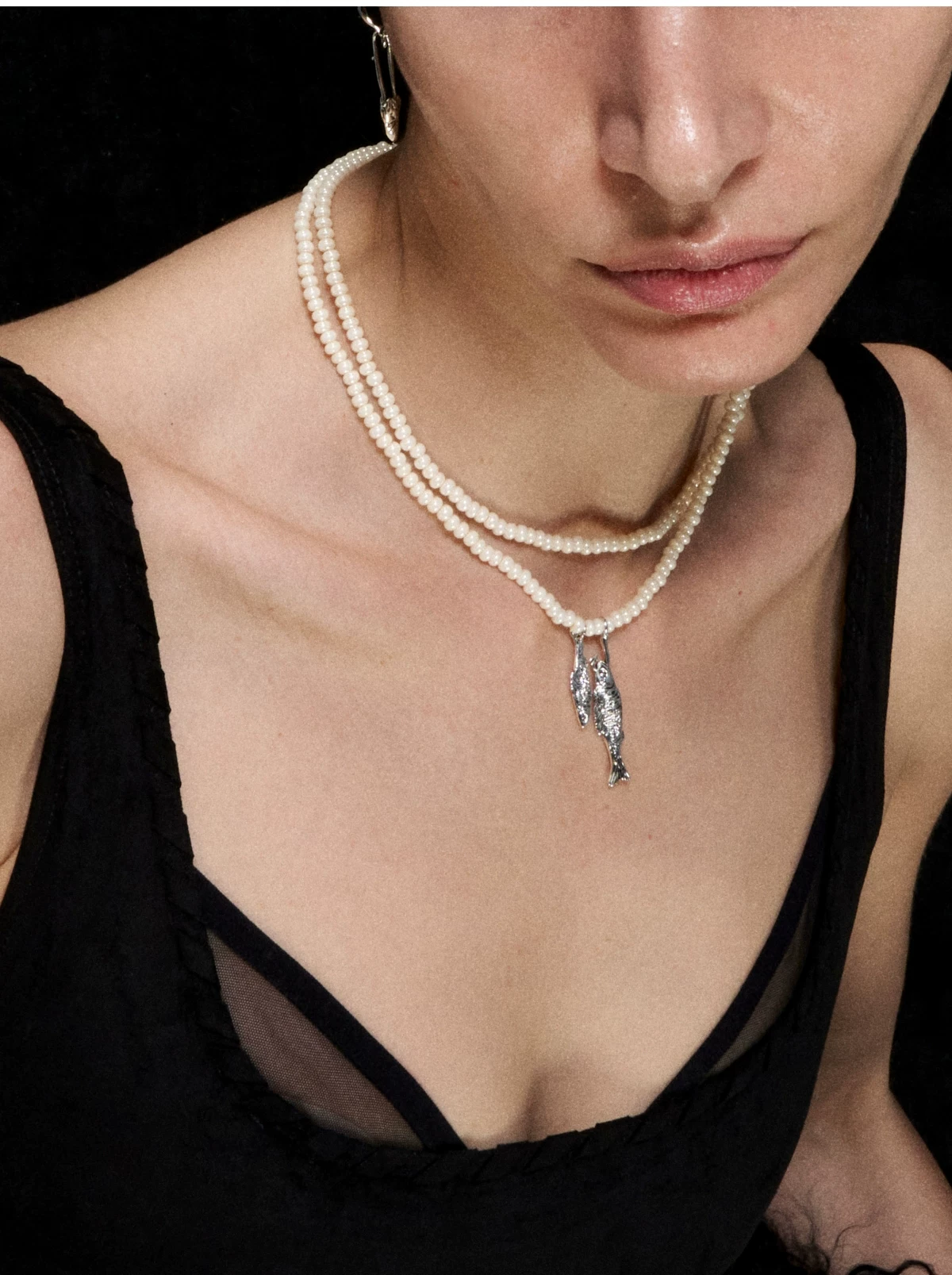 Double-Layer Beaded Fish Pendant Necklace