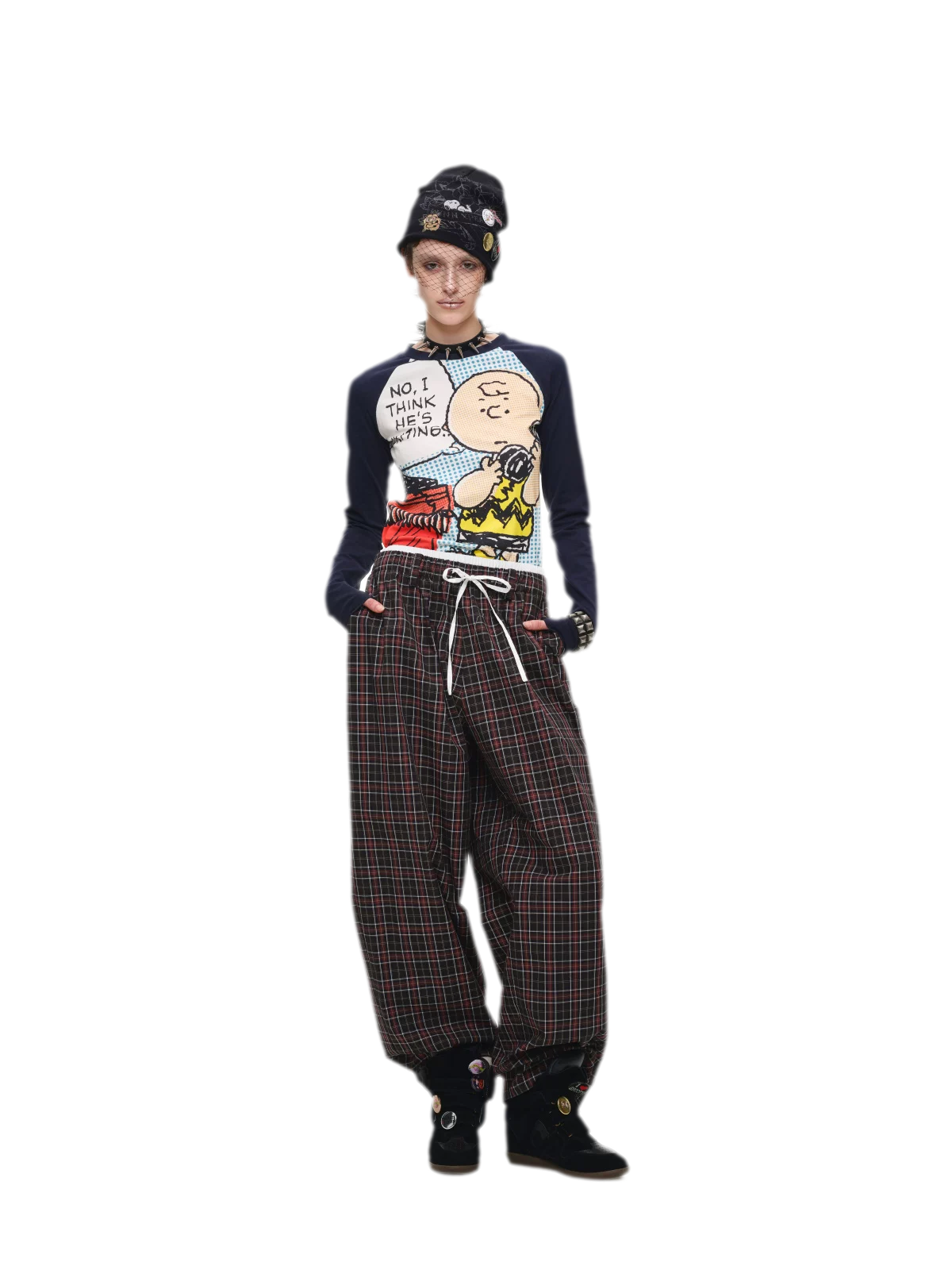 Contrast Plaid Wide-Leg Pants