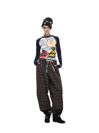 Contrast Plaid Wide-Leg Pants