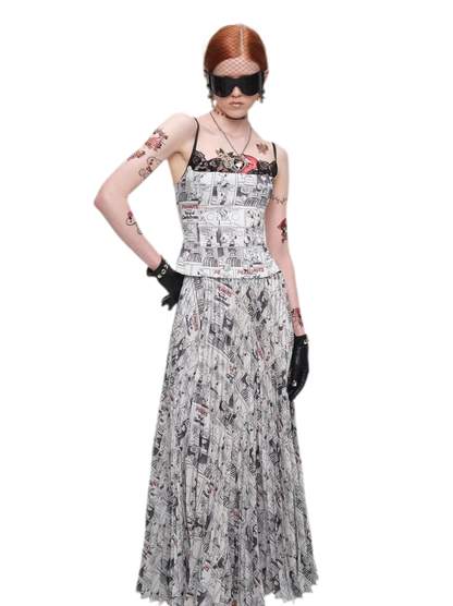 Pleated Newspaper A-Line Skirt