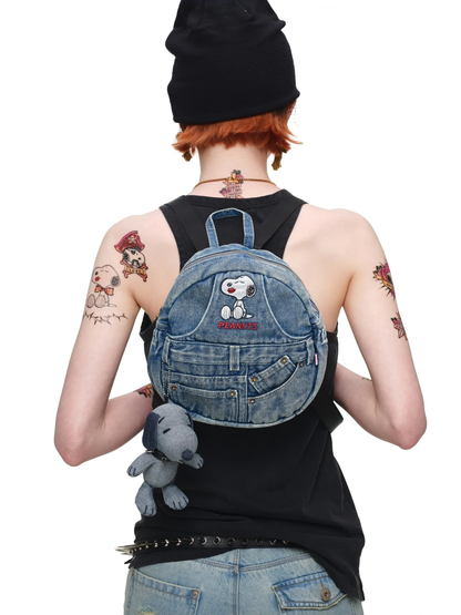 Washed Denim Embroidered Backpack
