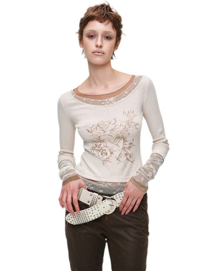 Vintage Lace Contrast Long-Sleeve Top