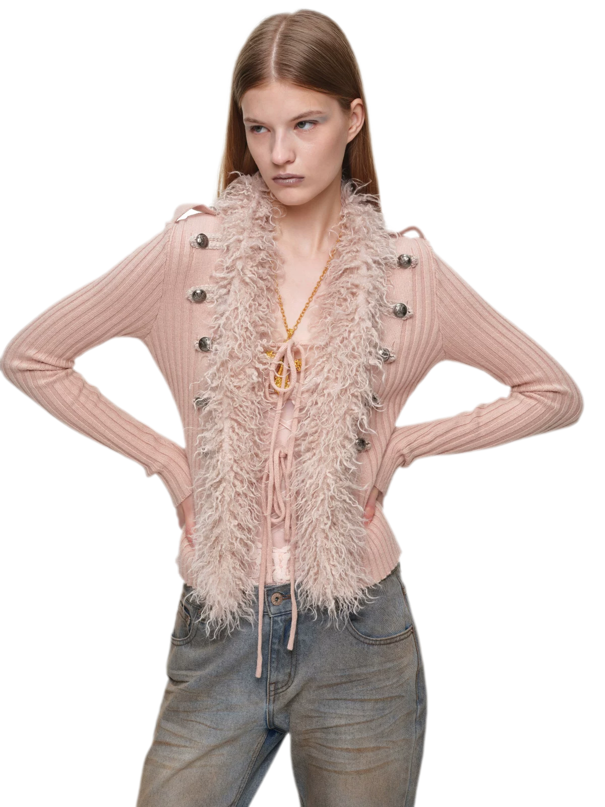 Rib-Knit Fitted Wool-Collar Cardigan