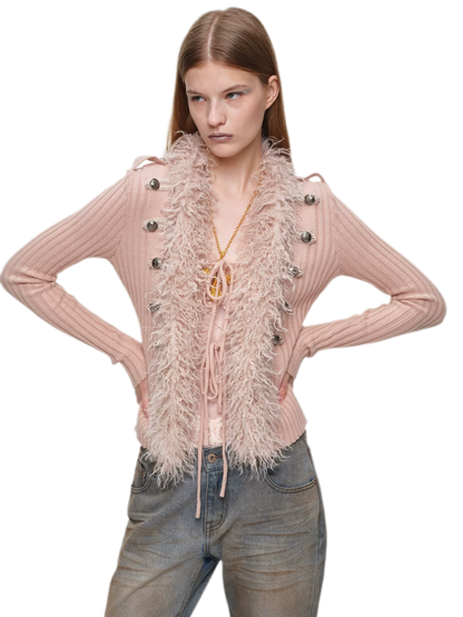 Rib-Knit Fitted Wool-Collar Cardigan