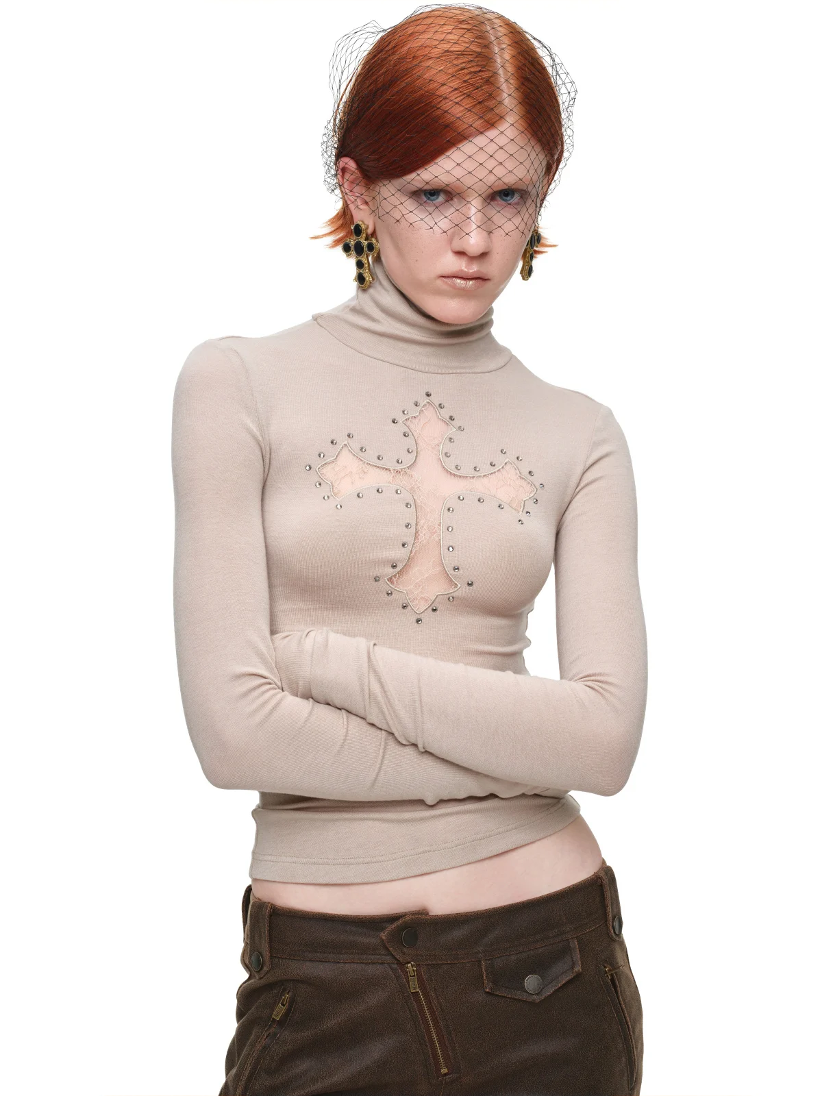 Rhinestone Lace Turtleneck Knit Top