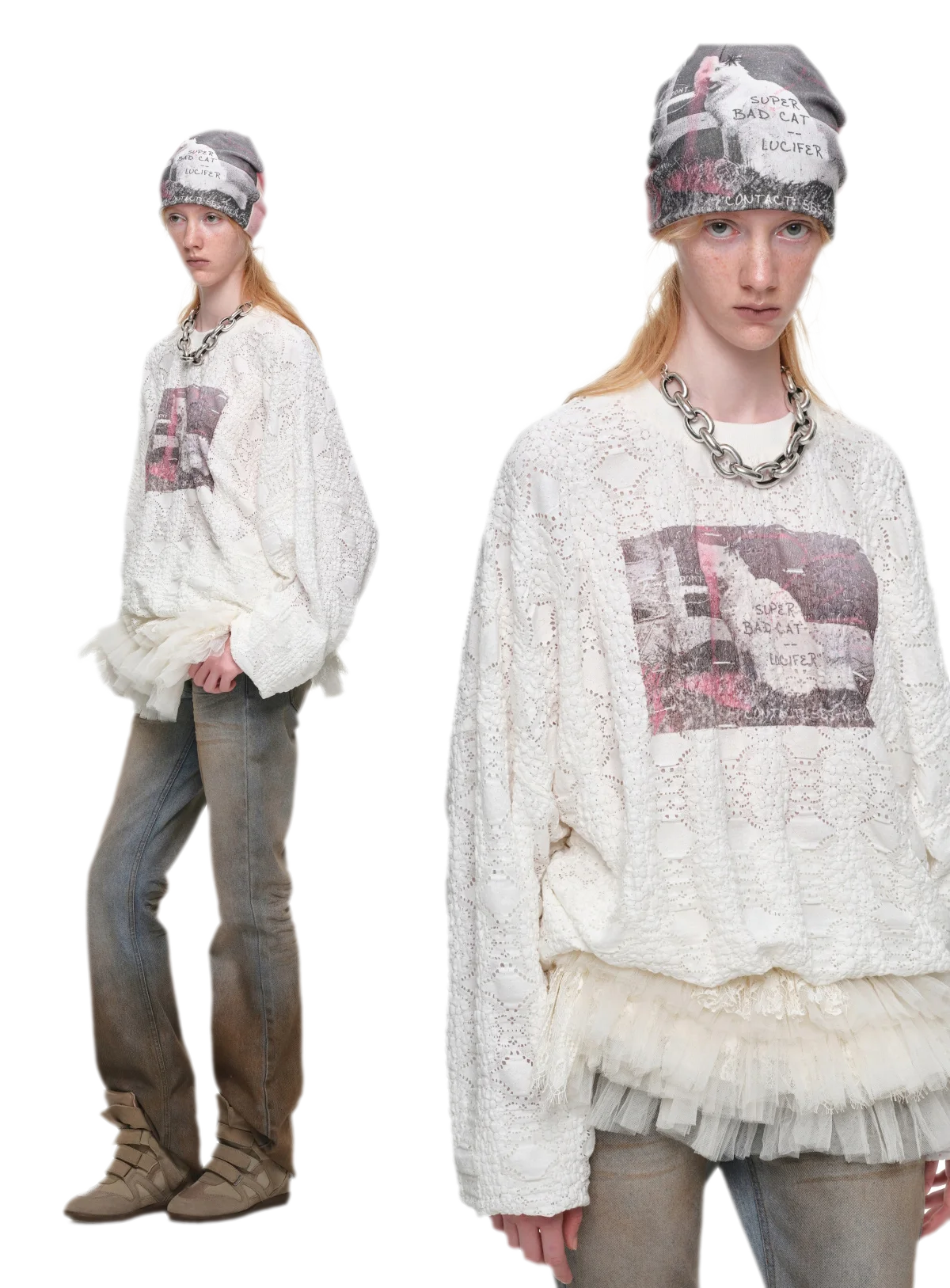 Distressed Cat Graphic Sweatshirt