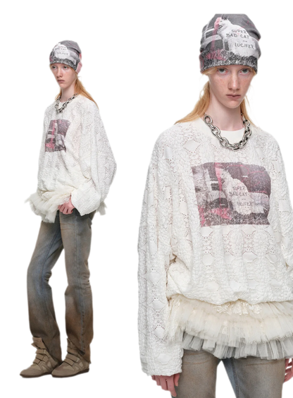 Distressed Cat Graphic Sweatshirt