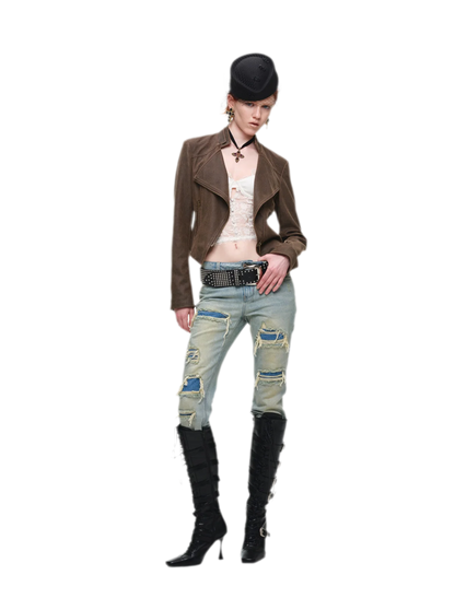 Washed Leather-Look Fitted Jacket