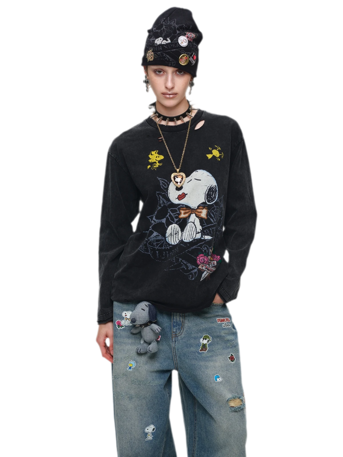 Washed Distressed Wide-Leg Jeans