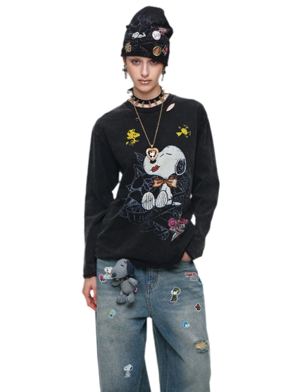 Washed Distressed Wide-Leg Jeans