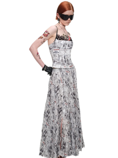 Pleated Newspaper A-Line Skirt