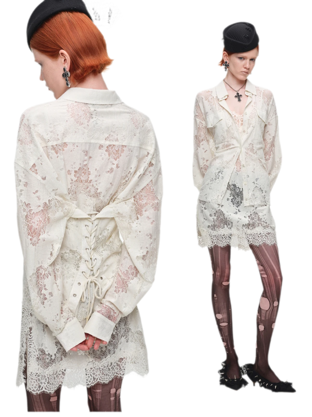 Lace Oversized Tie Shirt