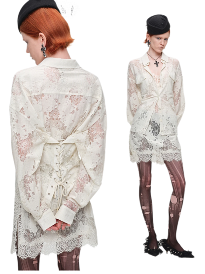 Lace Oversized Tie Shirt
