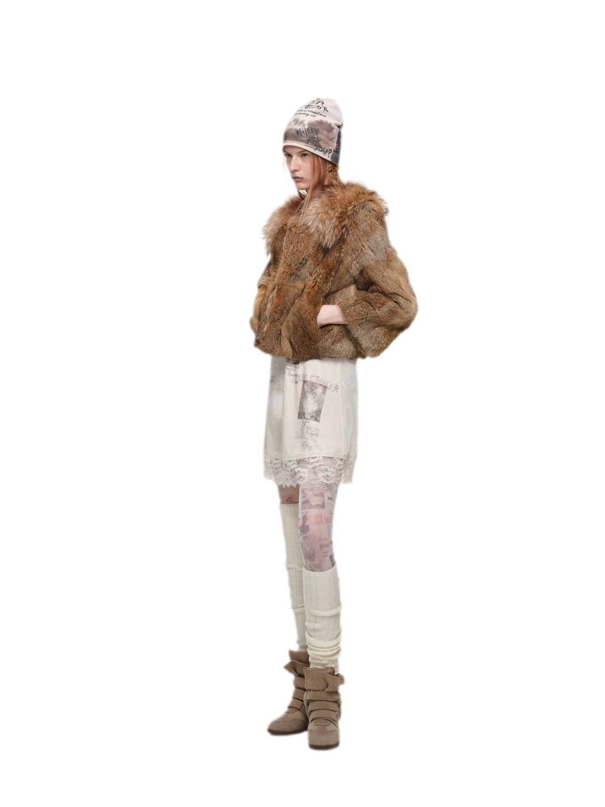 Chaqueta corta de cuello de piel de conejo 100% angora
