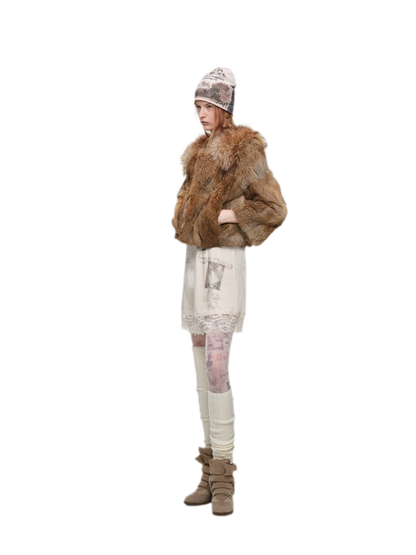 Chaqueta corta de cuello de piel de conejo 100% angora