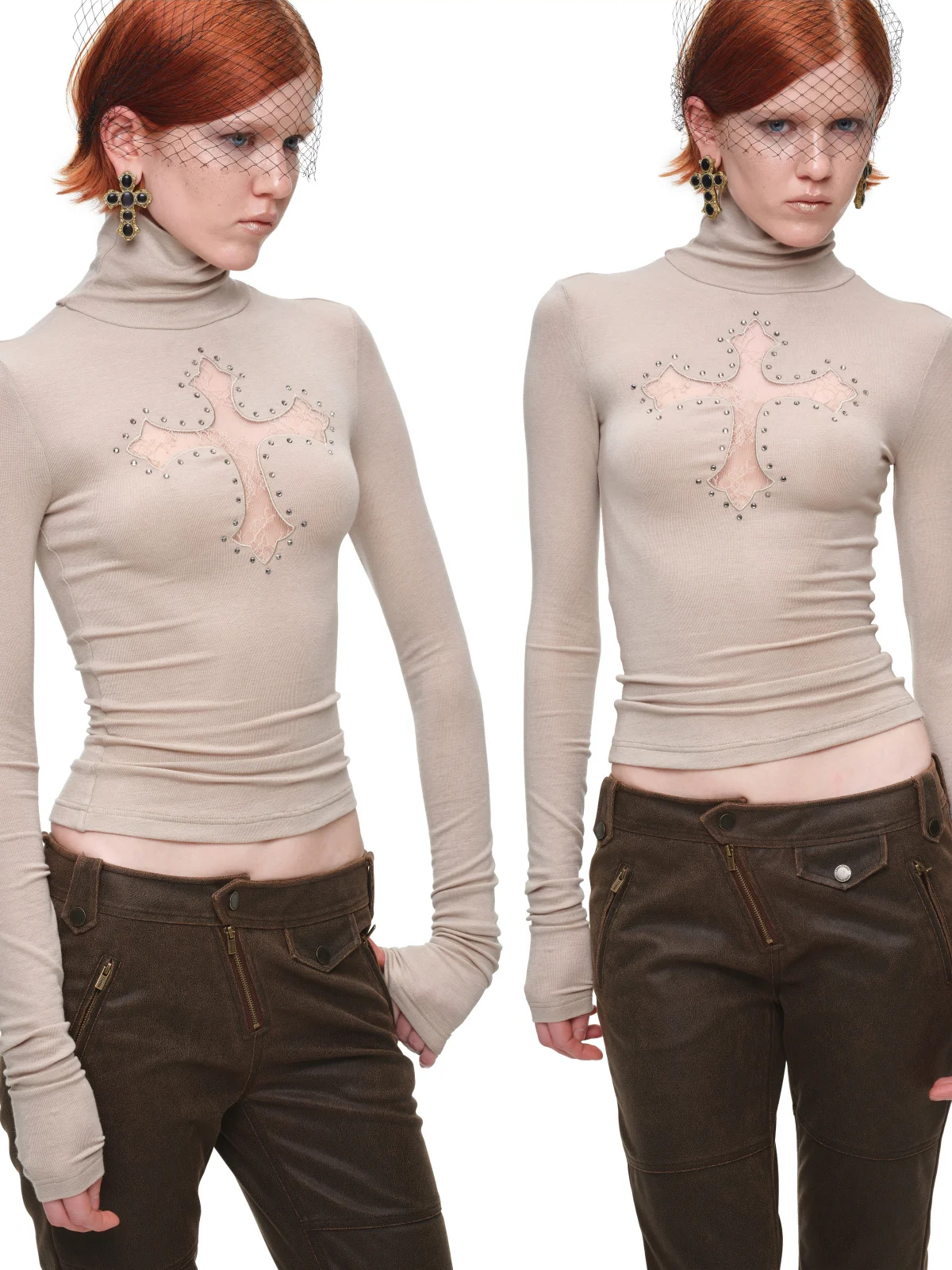 Rhinestone Lace Turtleneck Knit Top