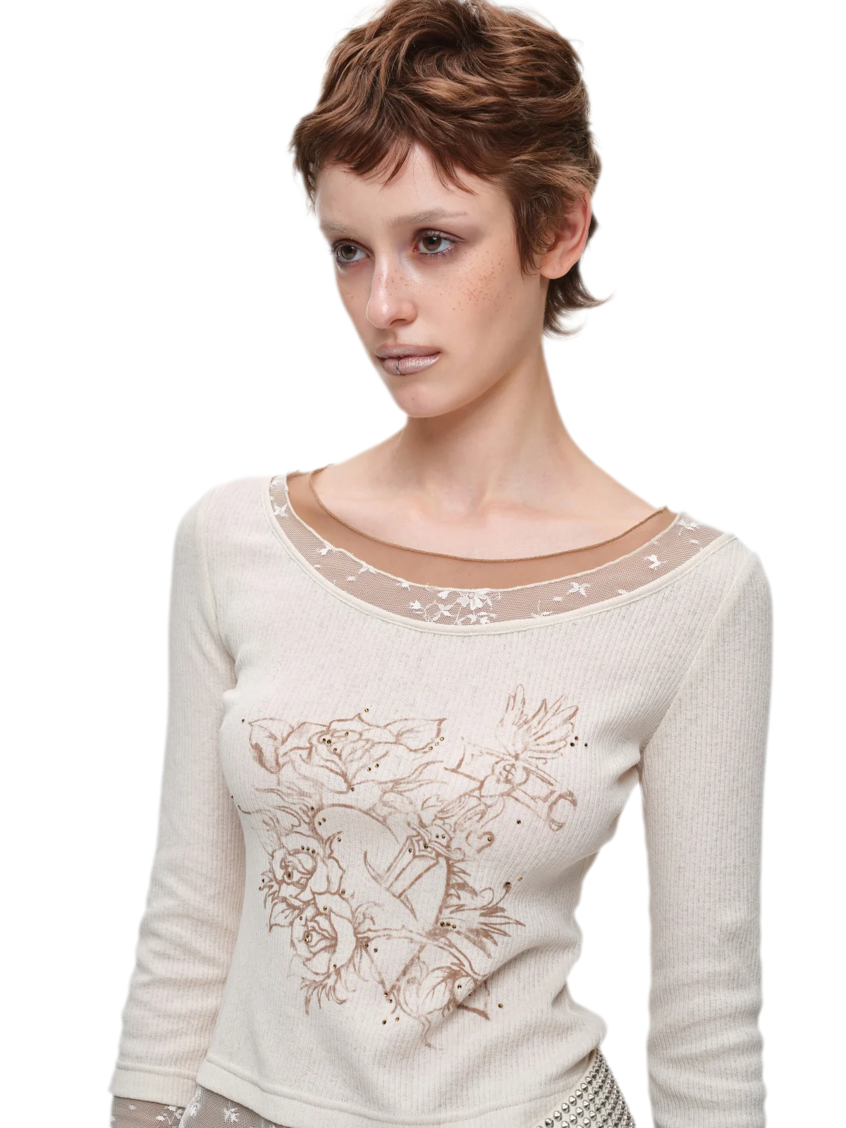 Vintage Lace Contrast Long-Sleeve Top