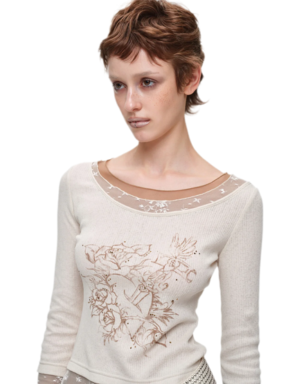 Vintage Lace Contrast Long-Sleeve Top