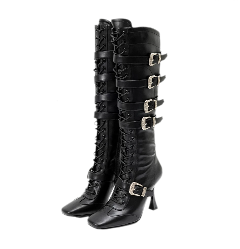 Metal Buckle Knee-High Boots