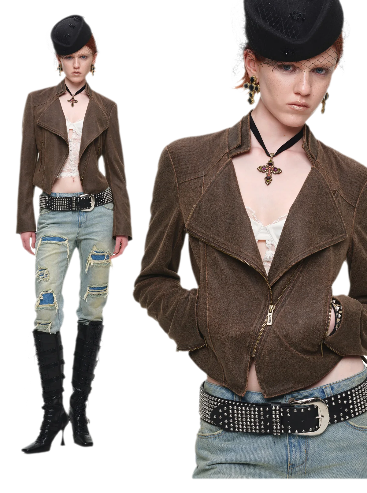 Washed Leather-Look Fitted Jacket