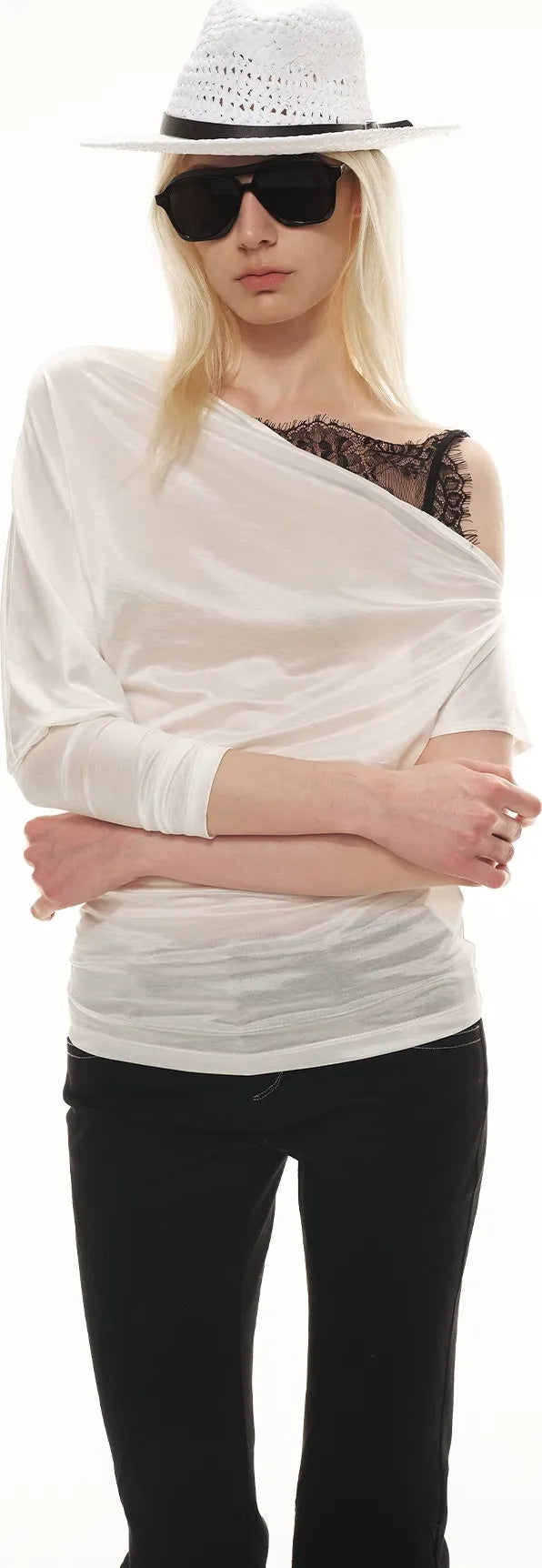 Silky Satin Texture Asymmetric Off-Shoulder Lace Trim T-Shirt