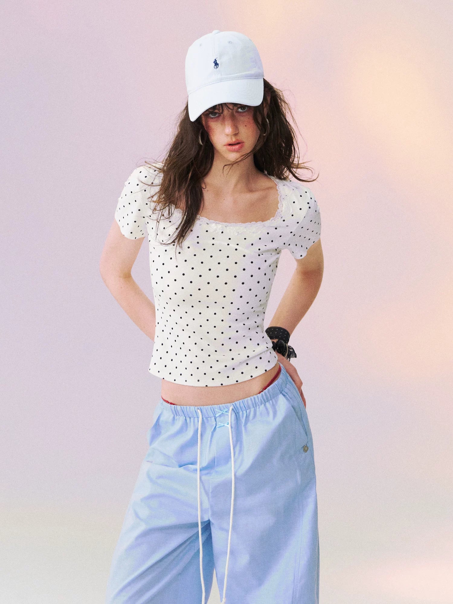 Square Neck Lace-Panel Slim T-shirt