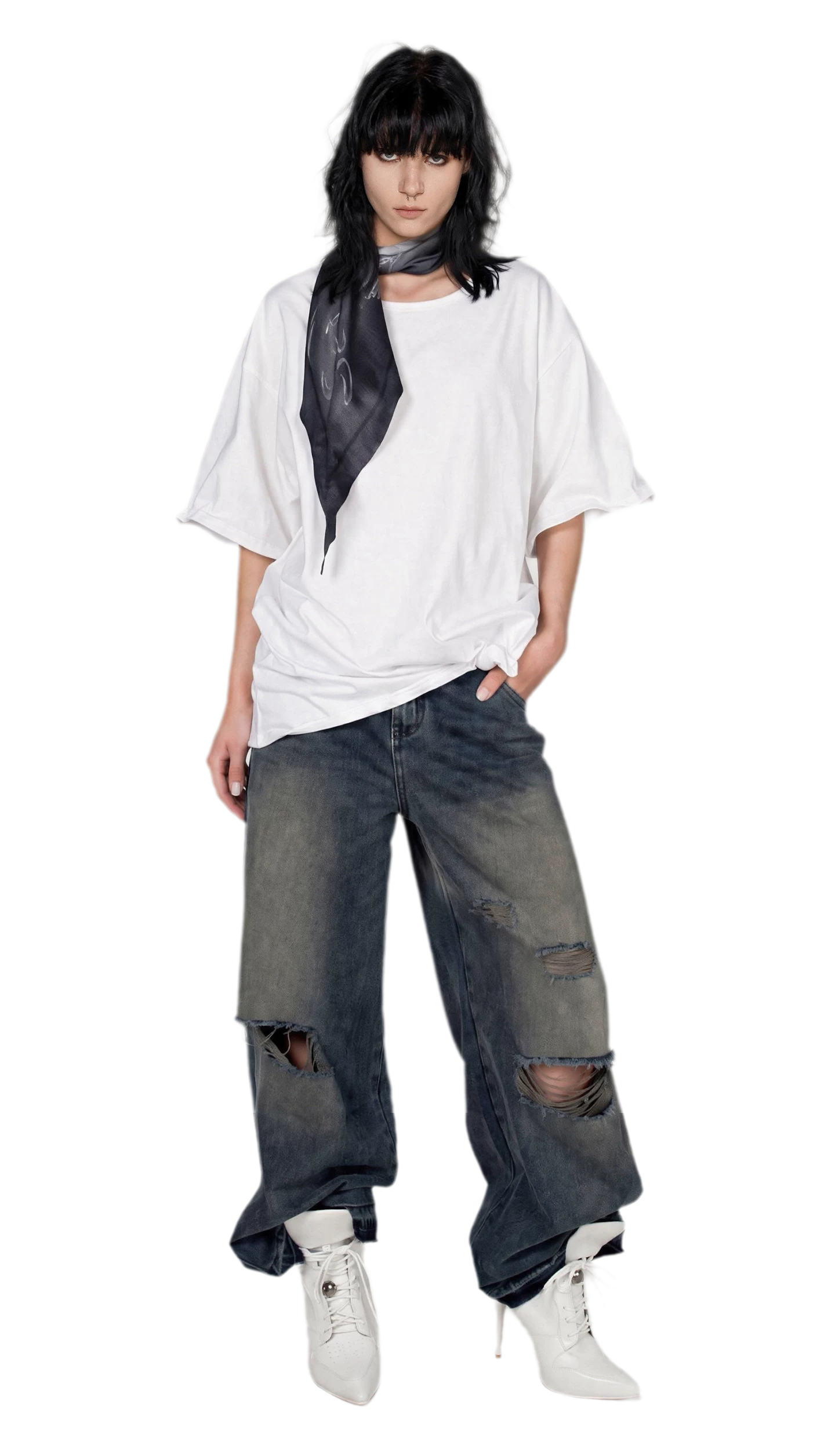Graphic Scarf Detail Loose T-Shirt
