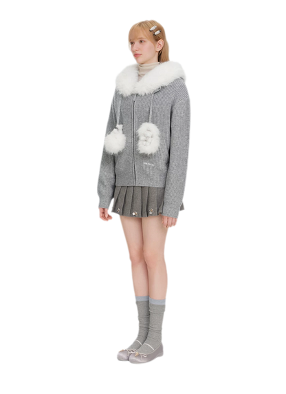 Pom-Pom Hooded Knit Sweater