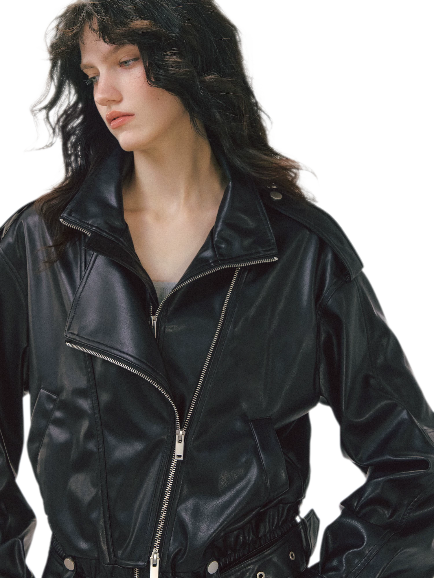 Leather-Look Cropped Motorcycle Jacket