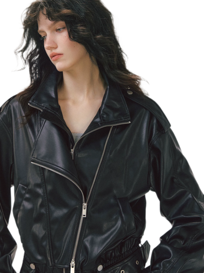 Leather-Look Cropped Motorcycle Jacket