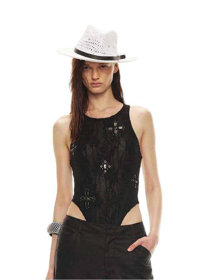 Stylish Gemstone Lace Halter Bodysuit Top