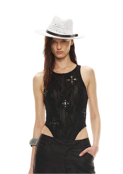 Stylish Gemstone Lace Halter Bodysuit Top