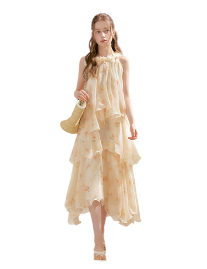 Chiffon Floral Halter Long Dress