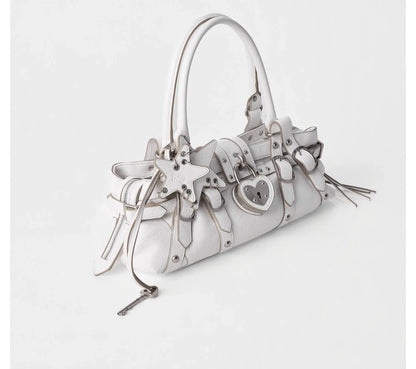 Textured Heart-Lock Top-Handle Bag