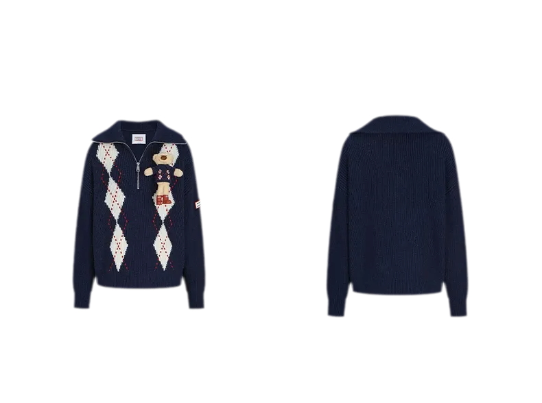 Áo len argyle dệt dày cổ khóa kéo nửa thân