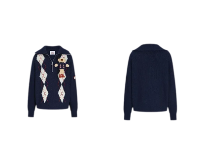 Áo len argyle dệt dày cổ khóa kéo nửa thân