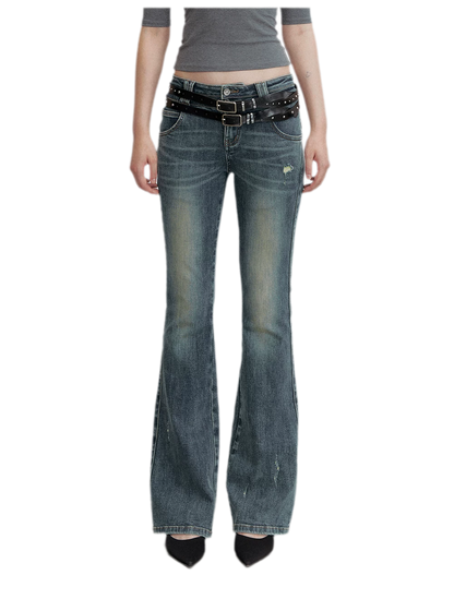 Washed Whisker Flared Jeans