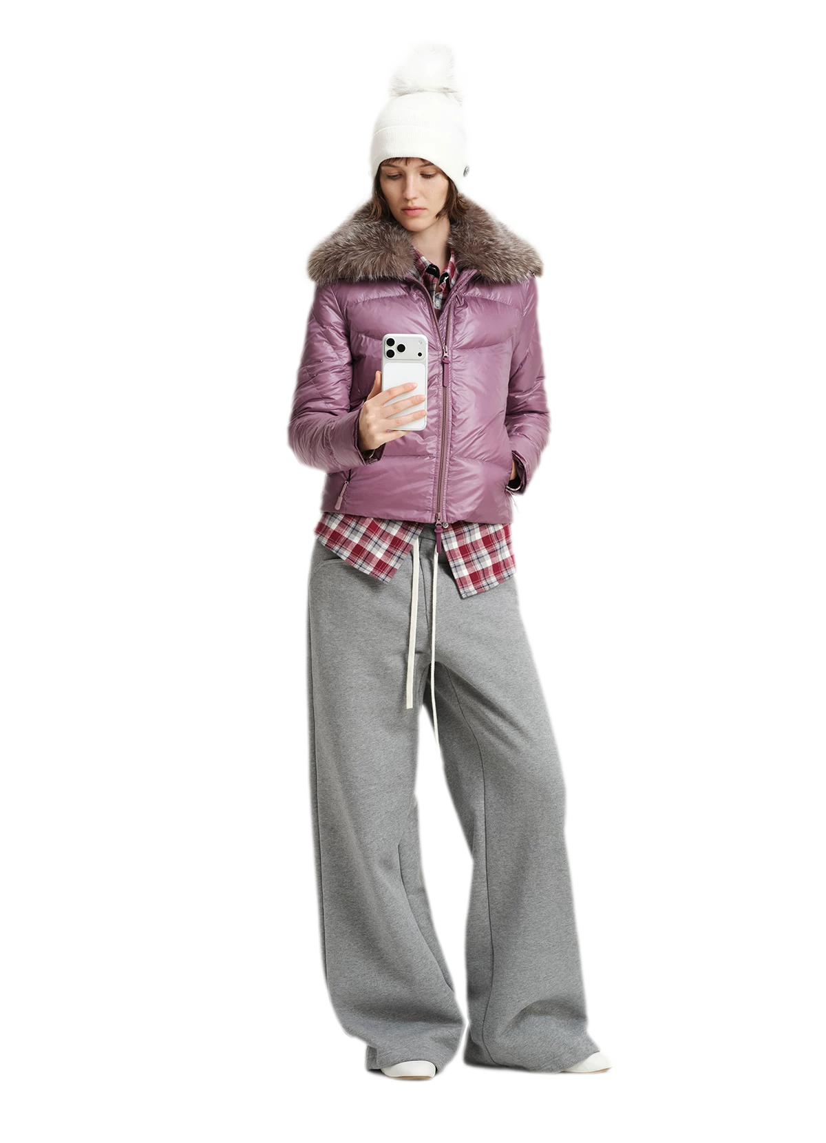 Conjunto de sudadera corta con cuello de pelo sintético