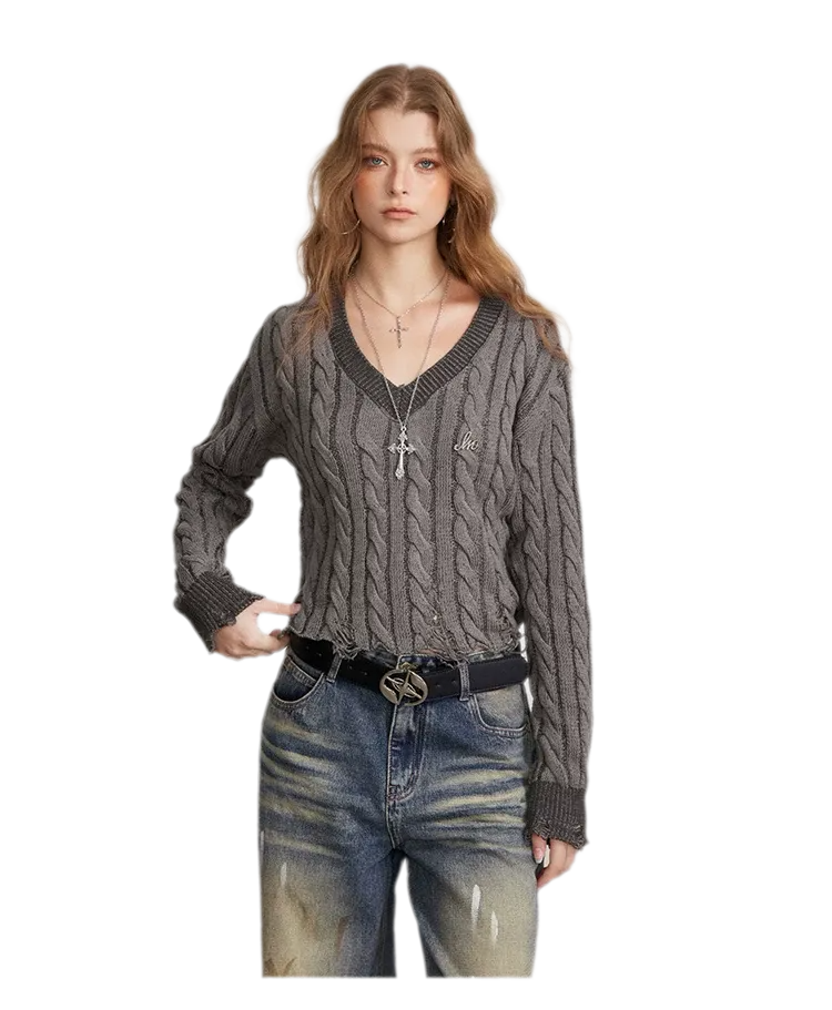 Distressed Cable Knit V-Neck Sweater