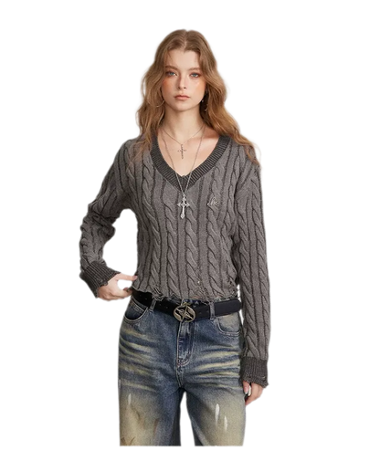 Distressed Cable Knit V-Neck Sweater