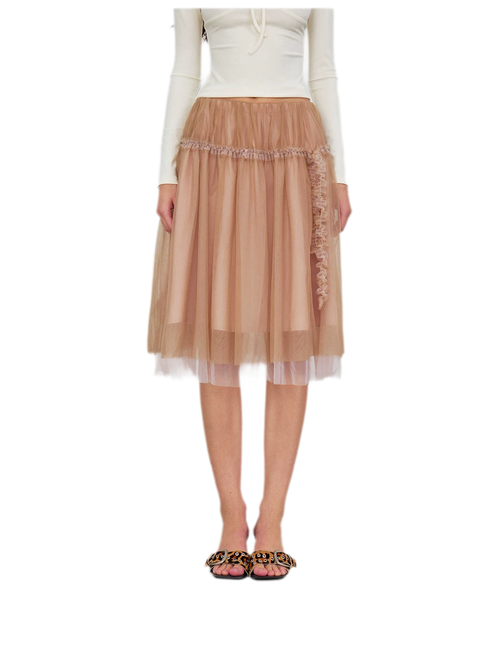 Layered Mesh Ruffle Midi Skirt