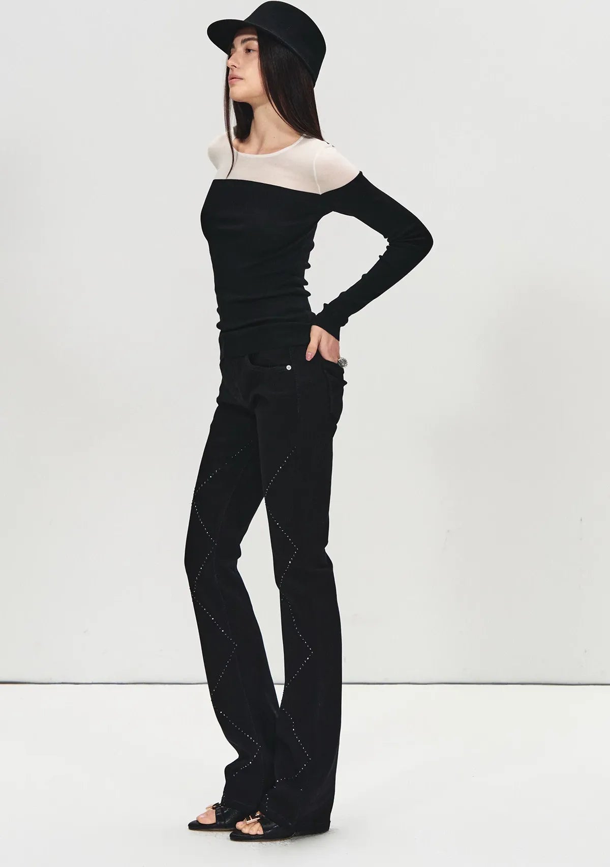 Stylish Quilted Rhinestone Mid-Low Waist Black Slim Flared