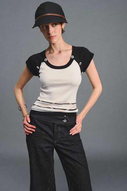Color Block U-Neck Short Sleeve T-Shirt