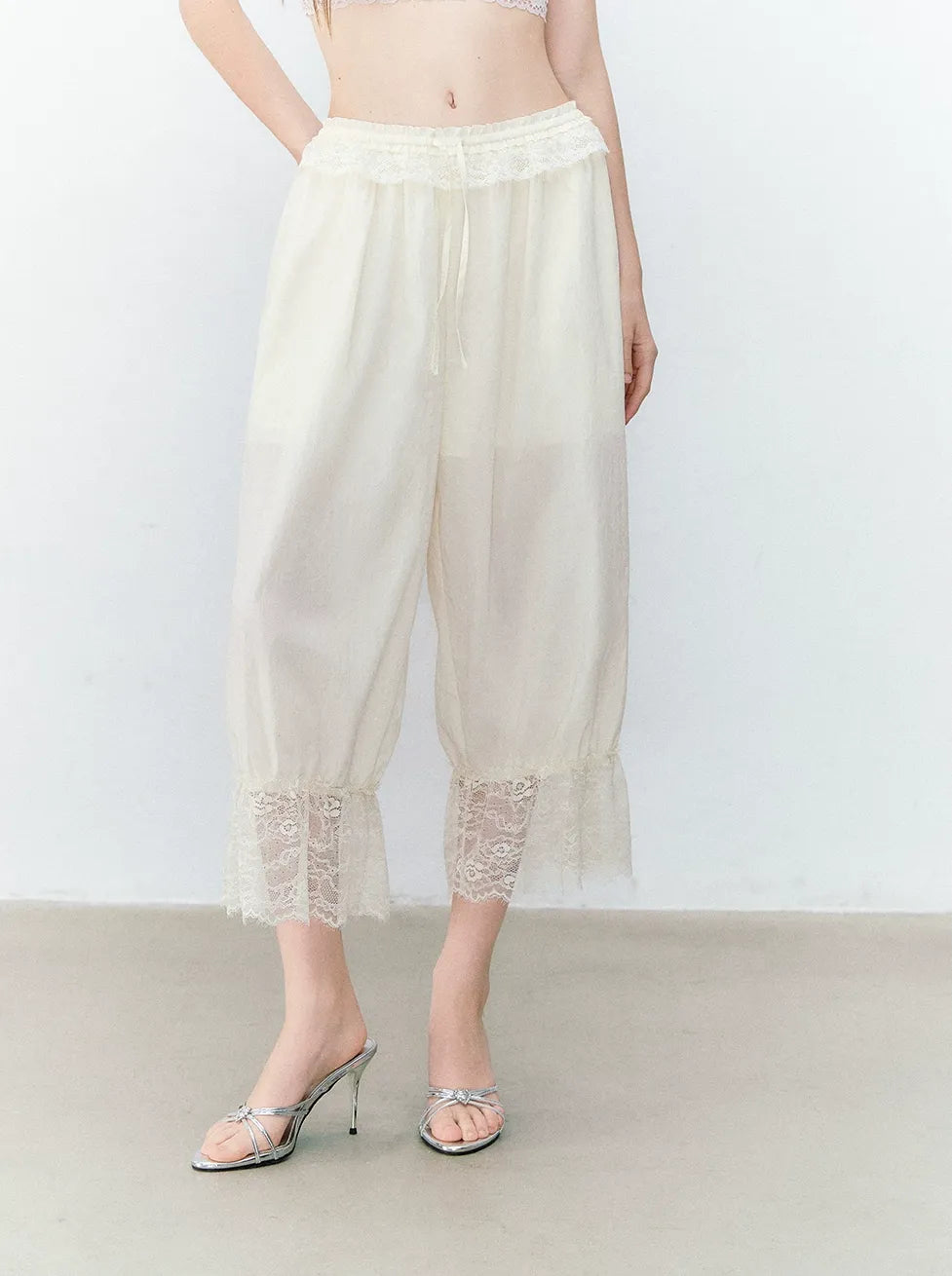 Relaxed Fit Tencel Lace Patchwork Wide Leg Pants