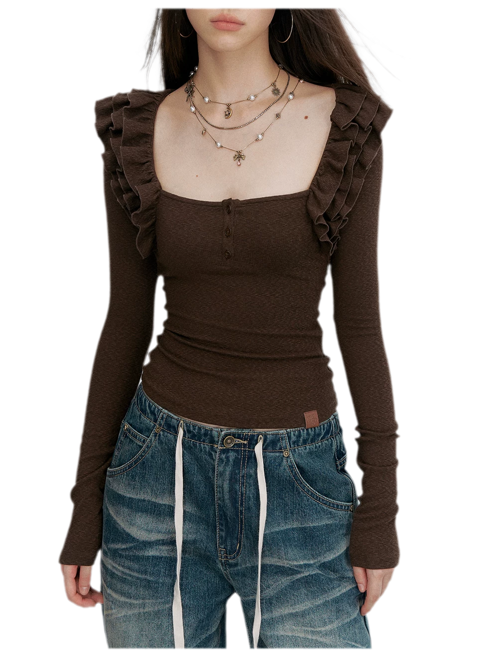 Ribbed Ruffle Square Neck Top