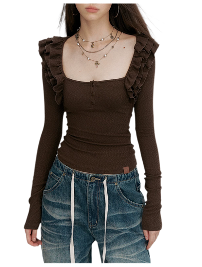Ribbed Ruffle Square Neck Top