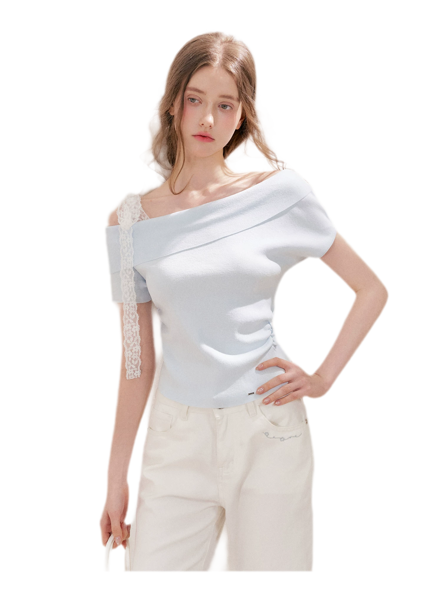 Lace Trim Ruched Knit Top