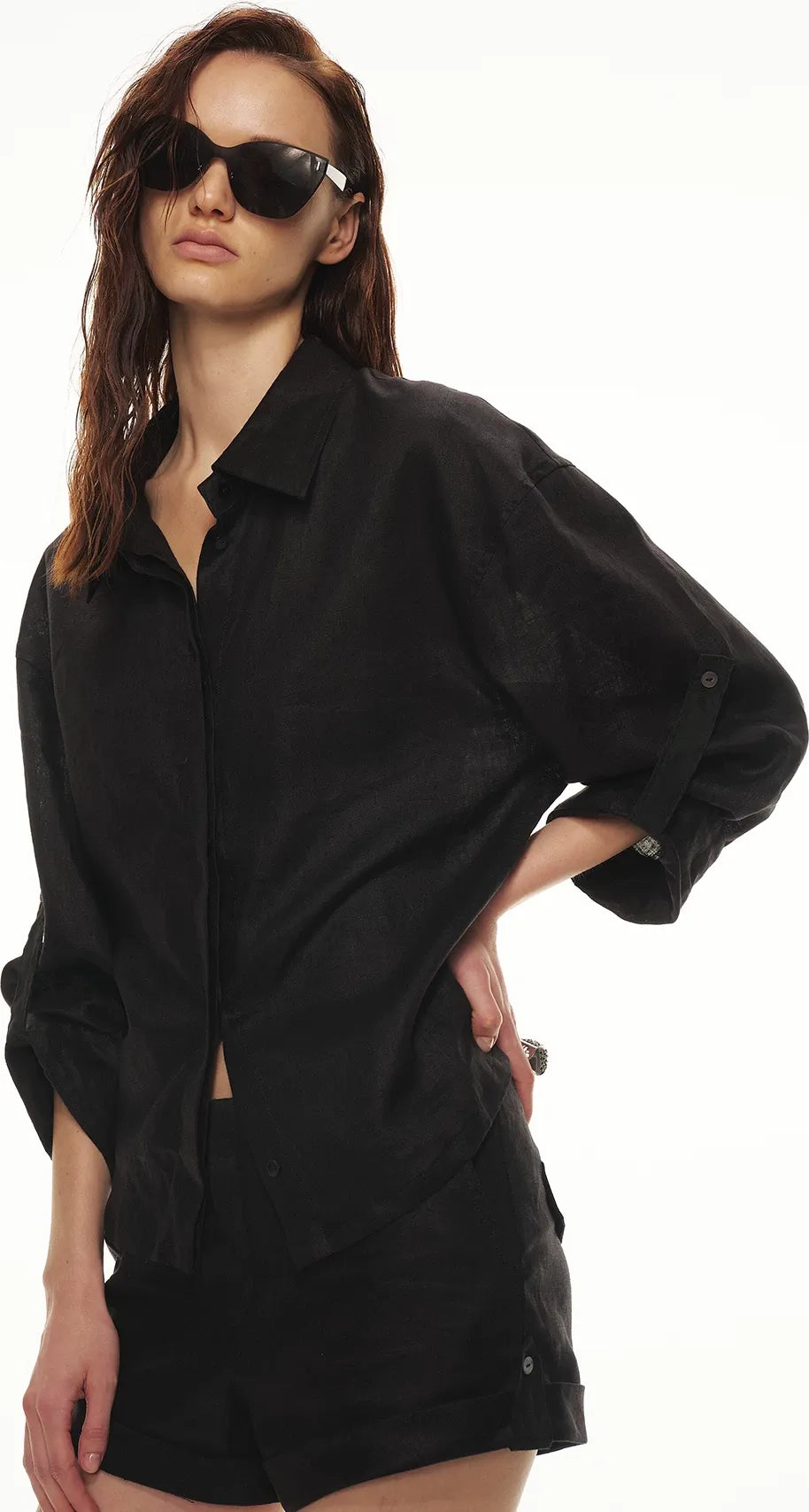 Linen Waist-Defined Shirt &amp; Low-Rise Rolled Shorts Set